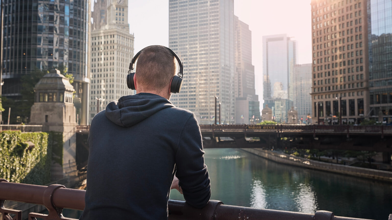 a man listening to a podcast in chicago